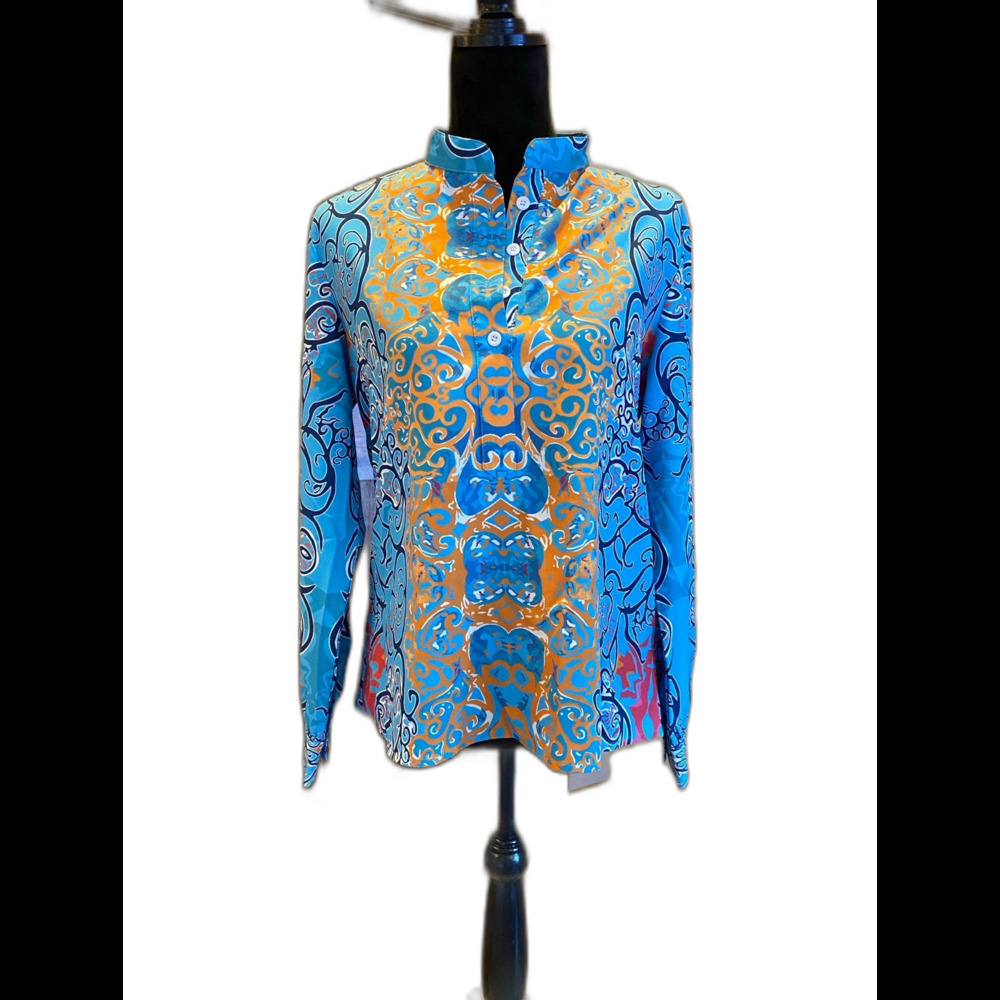 Boho‎ Womens Blouse Size Large  Button Down Blue Patterened Top Cuffed Sleeves
